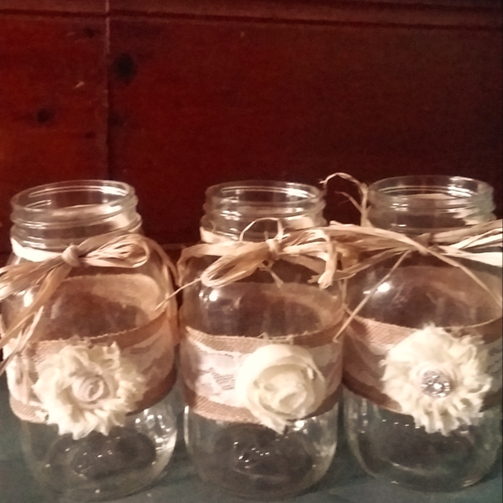Burlap and Flower covered Mason Jars